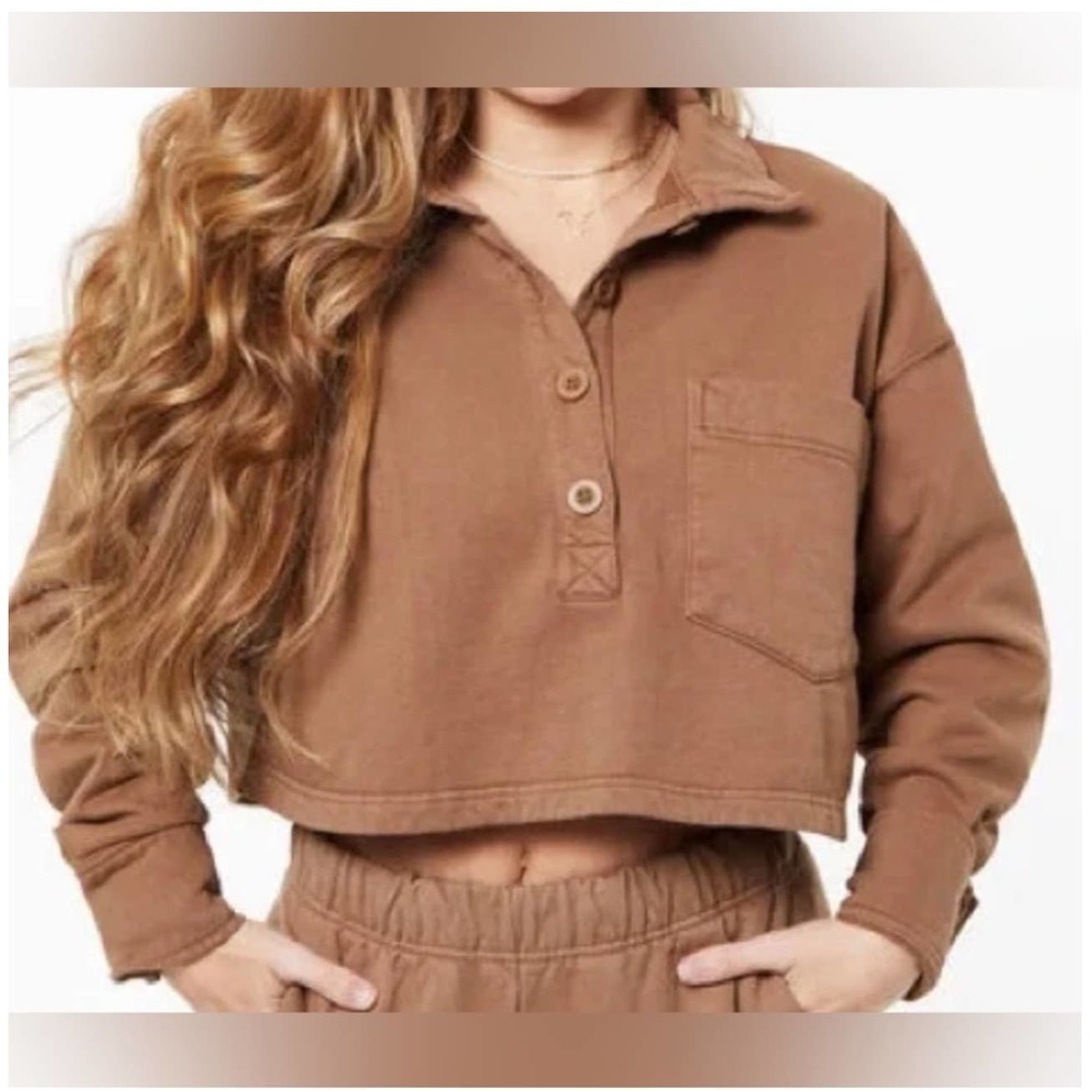 Good American Cropped Fleece Polo Sweater Shirt in Putty Womens Size: 4 US: XL